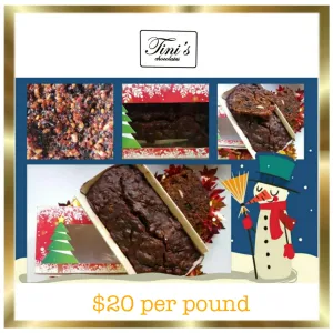 Tini's Chocolate logo. Photos of fruitcakes, whole and sliced, with festive boxes and a snowman graphic.